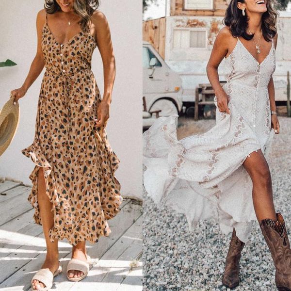 Capa de vestido de verão feminina de roupas de banho longa e babá de chiffon lady praia com v-boho sexy de pescoço baixo