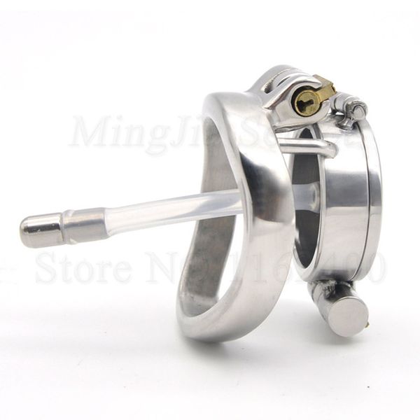 

double lock stainless steel male chastity device with anti-off ring catheterpenis ringsmetal cock cagetoys for man