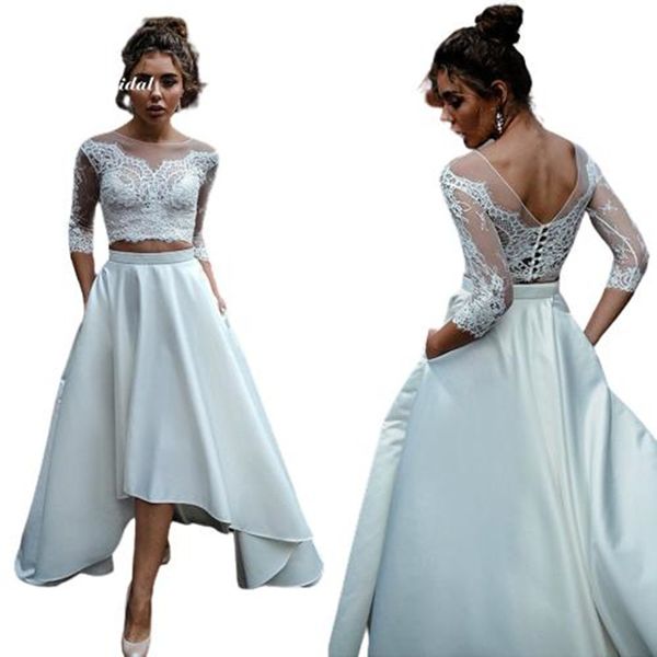 Zwei stück Strand A-line Brautkleider Moderne Taschen Hohe Bodenlangen Spitze Satin Brautkleid Off-the-Shoulder Sweep Button Applikationen Vestidos Kleid