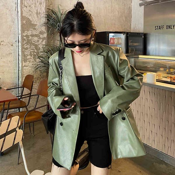 

women's suits & blazers [eam] women green pu leather big size blazer lapel long sleeve loose fit jacket fashion spring autumn 2022 1de1, White;black