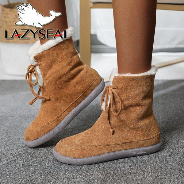 

boots lazyseal 2021 shoes women suede furry warm winter snow female lace up transparent jelly plush lining ankle, Black