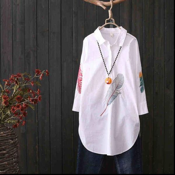 

100% cotton white shirt women plus size feather embroidery long blouse women 3 4 sleeve art loose ladies streetwear casual