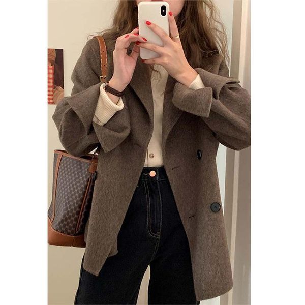 

im to self-made short double-sided handmade wool coat women's 2021 new loose long sleeve double row button woolen coat, Black