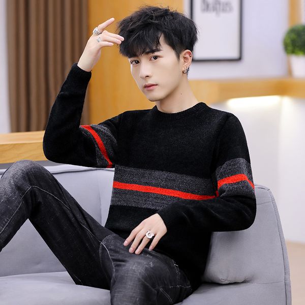 

2021 new autumn winter fashion brand clothing knitted sweater thick stripes slim fit pullover 100% cotton o-neck sweaters for men oc63, White;black