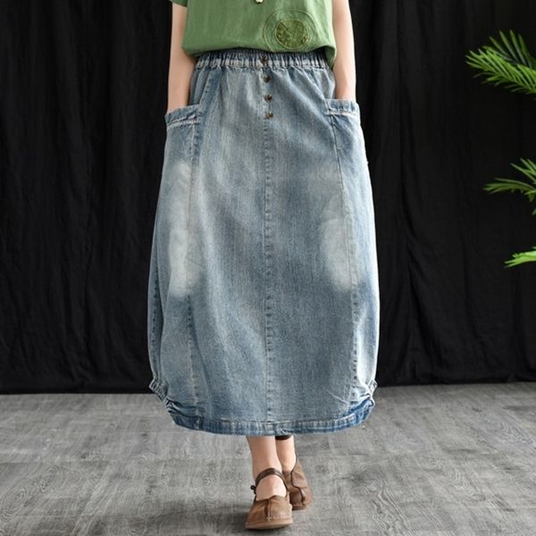 

skirts fashion design female waist elastic medium length denim vintage literary skirts loose casual setting bud streetwear tsa7, Black