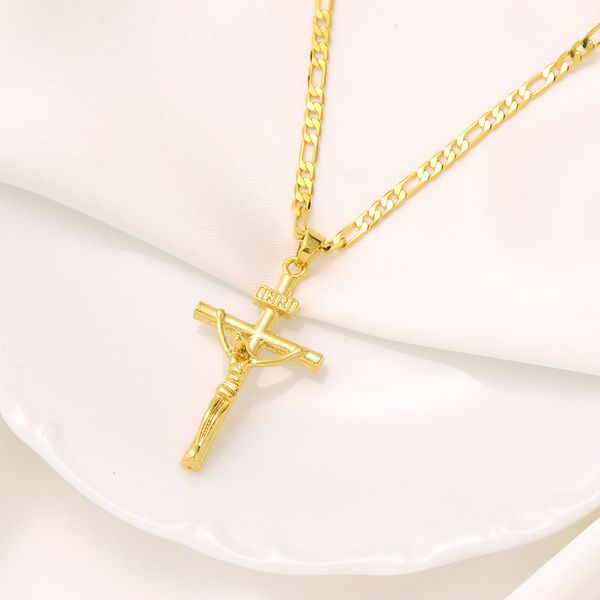 Bayan Erkek 18 K Sarı Katı Altın Çapraz Kolye Finish İtalyan Inri İsa Crucifix Figaro Link Zincir Kolye 24 