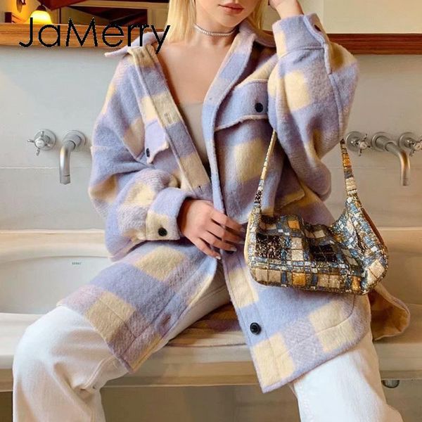 

women's jackets jamerry casual plaid jacket coat women puff sleeve button pockets outwear female spring plus size ladies loose long, Black;brown