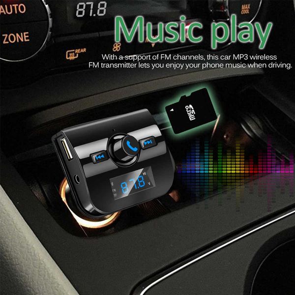 Áudio FM Transmissor Car Bluetooth 5.0 Dual USB Carregador Wireless Handsfree Kit Kit de Rádio Adaptador Apoio Card Driver