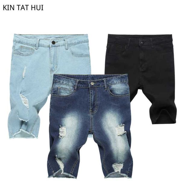

men's jeans men stretchy ripped skinny biker solidcolor shorts destroyed hole slim fit denim, Blue