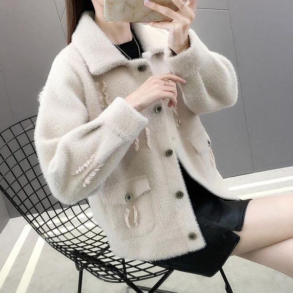 

2021 new women autumn winter imitation mink cashmere coat female loose casual soft solid sweater ladies rivet knitted cardigans n187iox1, White;black