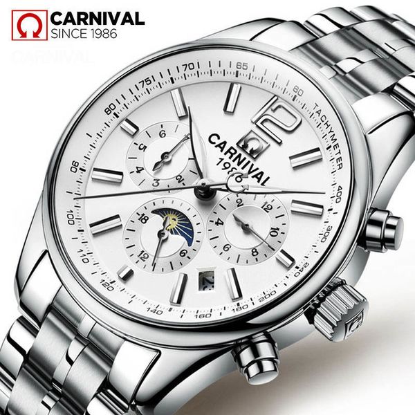 

carnival automatic watch men luxury mechanical watches full steel waterproof week calendar moon phase male clock reloj hombre, Slivery;brown