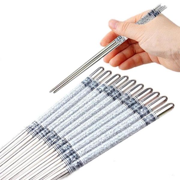

1 pair 23cm korean style stainless steel chopsticks blue white porcelain printed chopsticks non-slip design kitchen