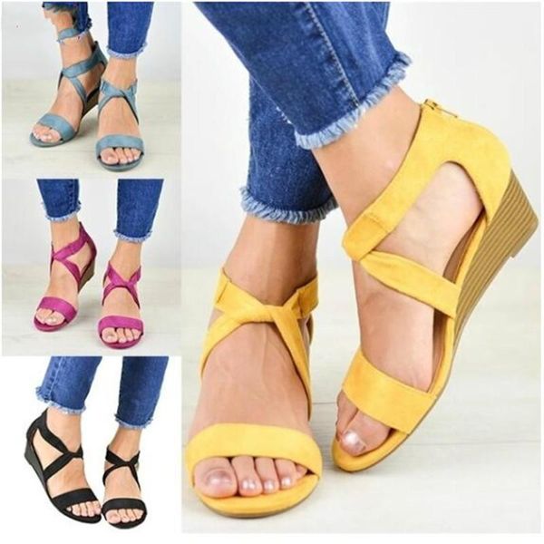 

2021 women wedge sandals mid heel summer slip-on buckle ladies shoes artificial open toe casual wedding pumps women sandalias, Black