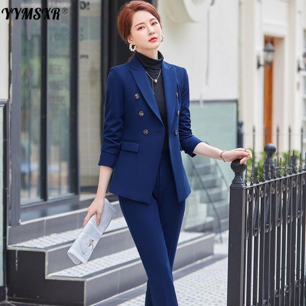 

women's two piece pants ladies professional suit 2-piece set 2021 winter slim long sleeve jacket elegant high waist quality, White
