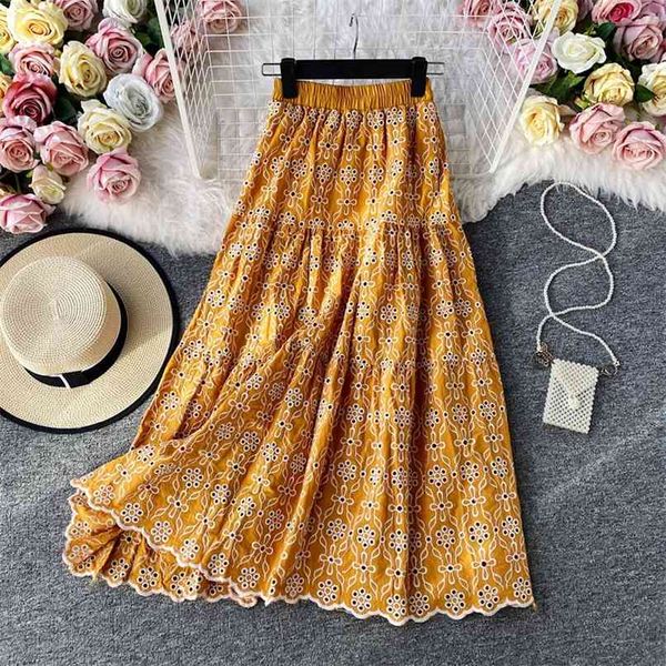 

romance women's skirt summer vintage embroidery hollow out elastic waist a-line long maxi skirts casual cotton 210602, Black