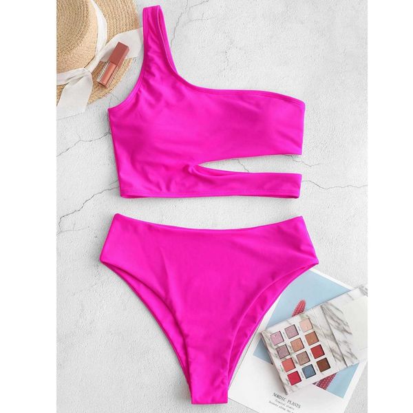 

40 # hollow out bikini hoge waisted one-schouder tummy controle badpak tankin shopping women, White;black