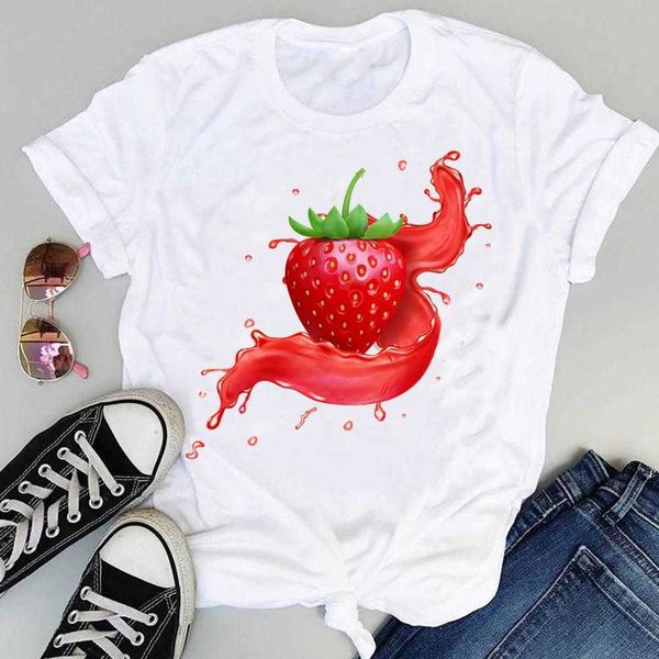 

women 2021 strawberry fruit casual 90s cartoon short sleeve graphic summer fashion print female clothes tees tshirt t-shirt x0527, White
