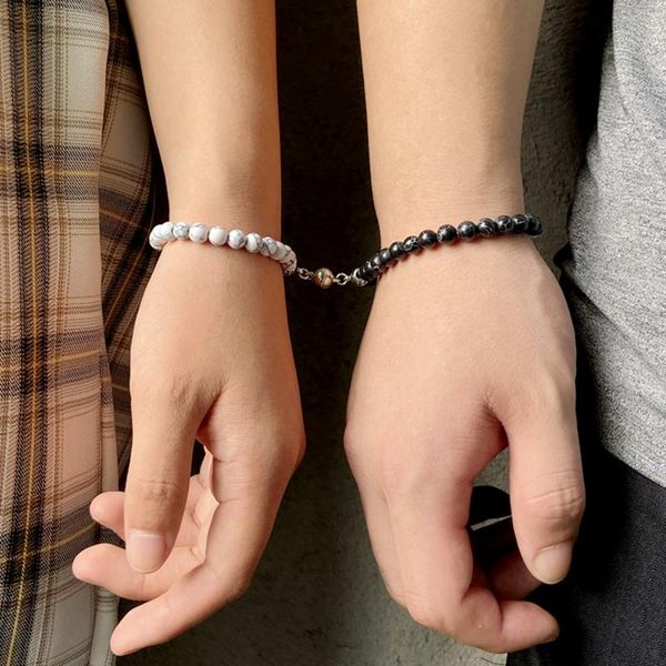 

beaded, strands 6mm natural stone beads 2pcs/set couple bracelets for women men lover attractive distance magnetic buckle fashion jewelry gi, Black