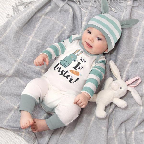 

clothing sets 3-24months infant baby boys girls easter born patchwork striped print romper jumpsuit set, White