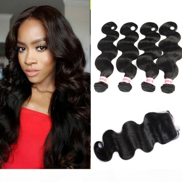 

peruvian body wave hair weaves 3 4 bundles with closure peruvian virgin hair with human hair 4*4 lace closure natural color extensions, Black;brown