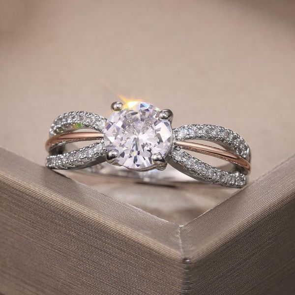 

wedding rings luxury female white crystal stone ring rose gold silver color for women cute bride round zircon engagement, Slivery;golden
