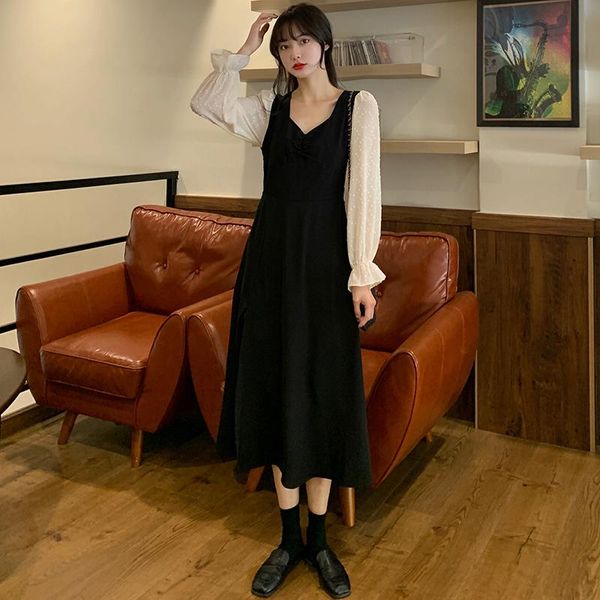 

pregnant women long-sleeved v-neck fashion dress office lady elegant dress lantern sleeve patchwork maternity black long, White