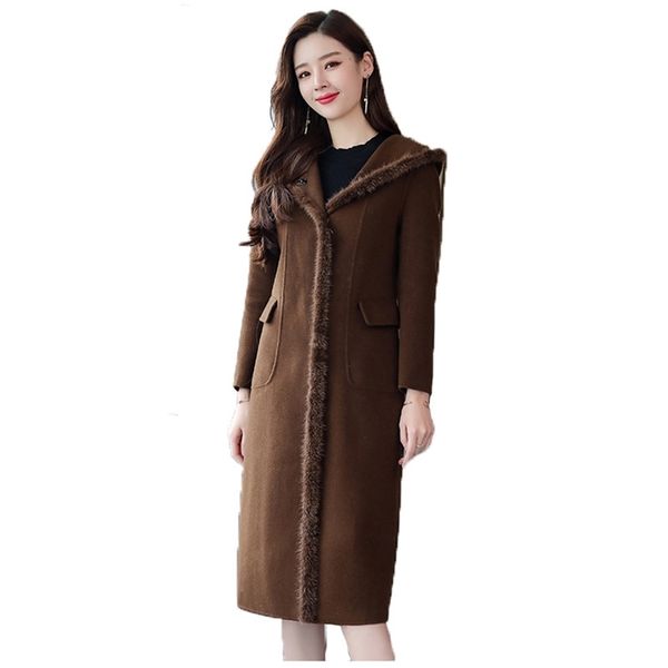 

winter warmth woolen coat women 3xl plus size loose korean long sleeve hooded brown fashion blends lr648 210531, Black