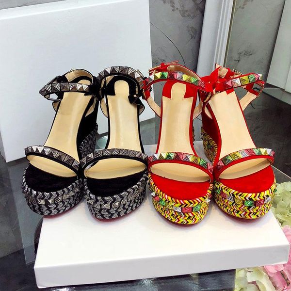 

2021 prowow platform sandals women open toe rivet mixed color wedges shoes for women runway high heels sexy, Black