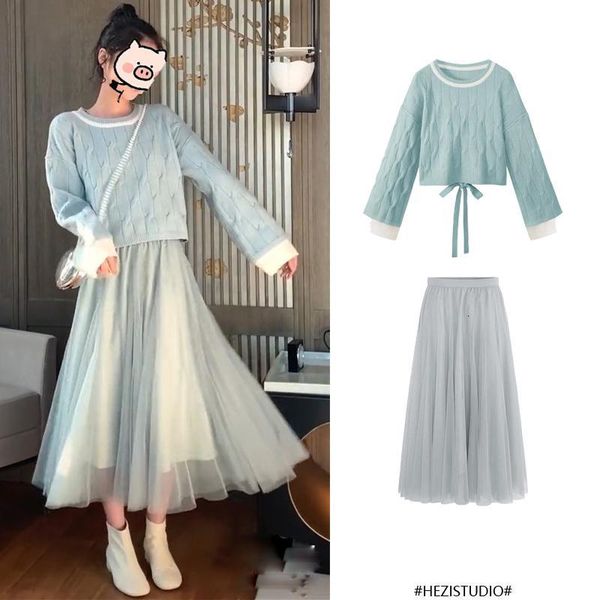 

2021 new women autumn winter long sleeve knitted pullover sweater +high waist pleated mesh skirt female sweet 2 piece sets n273x2t8, Black;gray