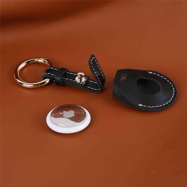

air tags collar keychain pet cat and dog locator protective cover head layer cowhide anti loss device case, Black;red
