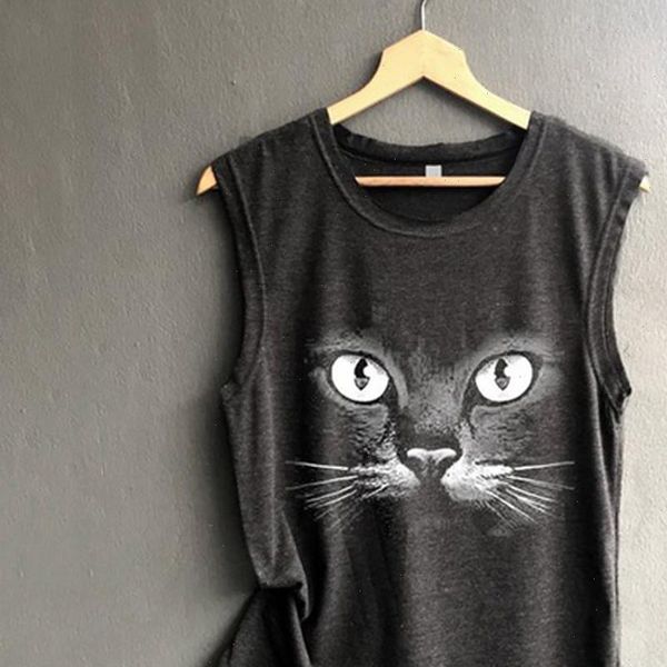 

feitong fashion blouse womens o neck cat printing sleeveless vest blouse loose shirt blusas mujer de moda blouse women, White