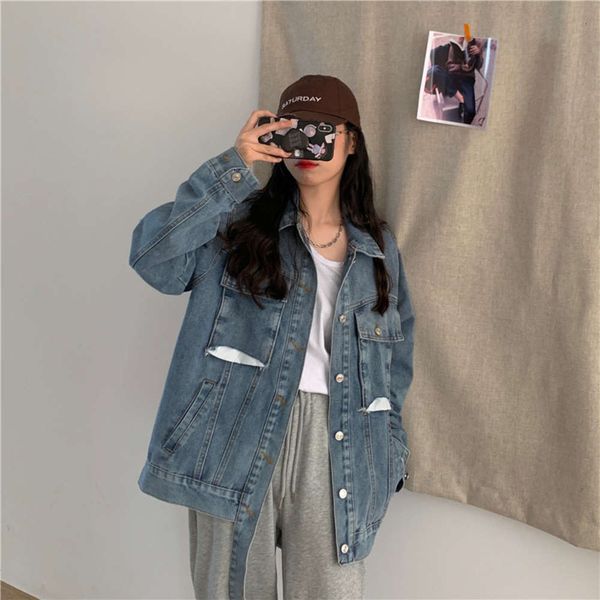 

kong light blue denim small coat women's college style loose casual lapel long sleeve work jacket, Black;brown