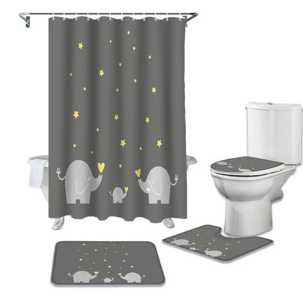 Tende da doccia Cartoon Stars Elephant Family Stampa Tenda e tappeti da bagno Set moderno per la decorazione della casa del bagno