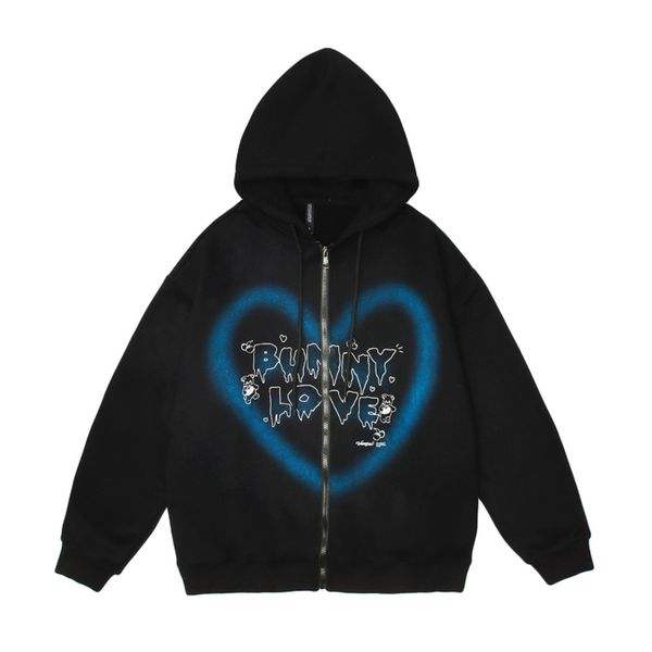 

korean fashion graffiti heart letter bear printed fleece zip up men hoodies pullover harajuku hooded sweatshirts cotton jacket 211014, Black