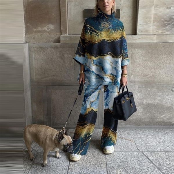 

spring casual women loose two piece set print long pants tracksuit matching suit outfits wide leg female trousers 220315, White