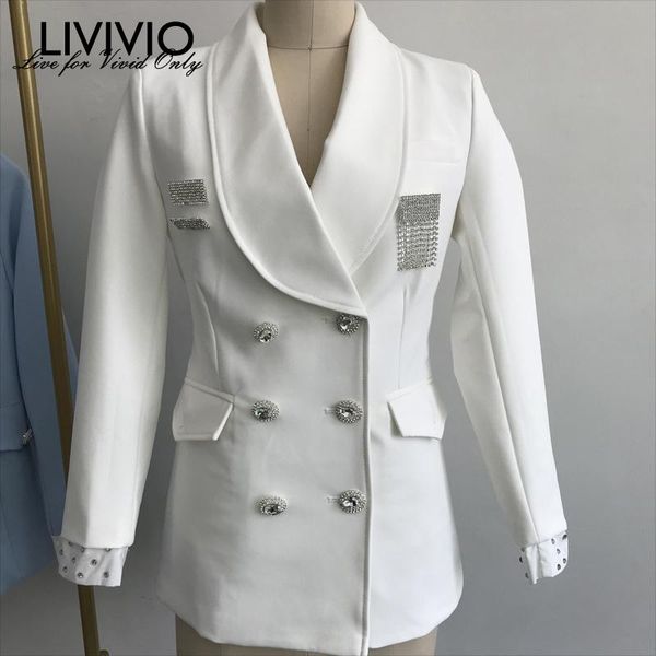 

livivio] double breasted elegant spring white women blazer coat causal long sleeve short office ladies pocket women suit blazer, White;black