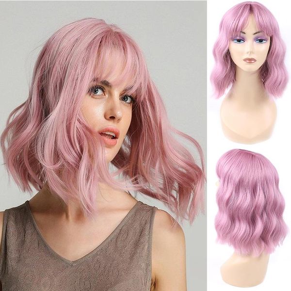 

synthetic wigs short wavy bob for black women natural daily hair wig with bangs orange pink heat resistant american cosplay