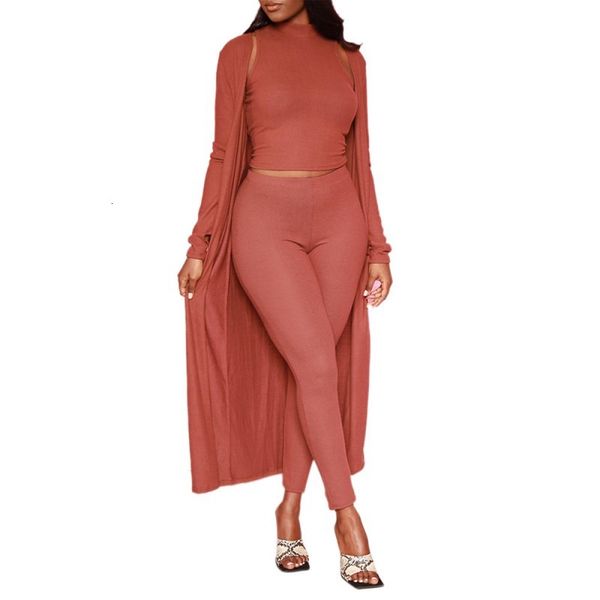 

autumn fashion solid color stretchable female mesh sweater long cardigan outwear with tank and thin pants 3 piece suit assembly f4rx, Gray