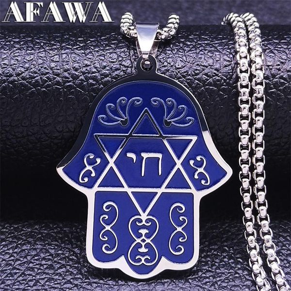 

pendant necklaces hebrew judaism hexagram stainless steel hamsa hand chain blue silver color of fatima jewelry joyeria n3671s02