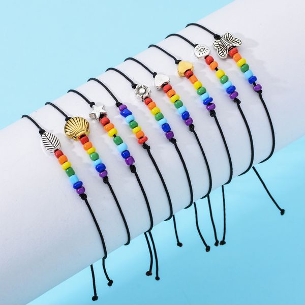 Pulseira de miçangas de arco-íris elo de corrente feita à mão com cordão preto, pingentes de borboleta, pulseiras de amizade para mulheres