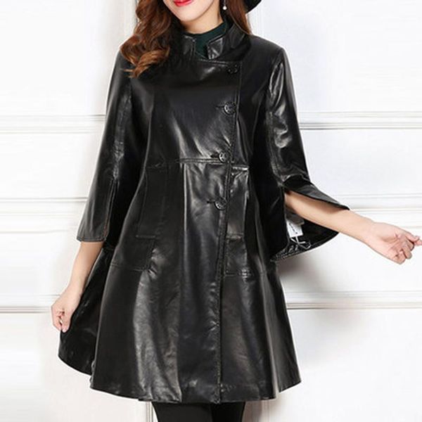 

women's leather & faux 2021 fashion coat women sheepskin loose large size mid-length half sleeve windbreaker jacket spring trend, Black
