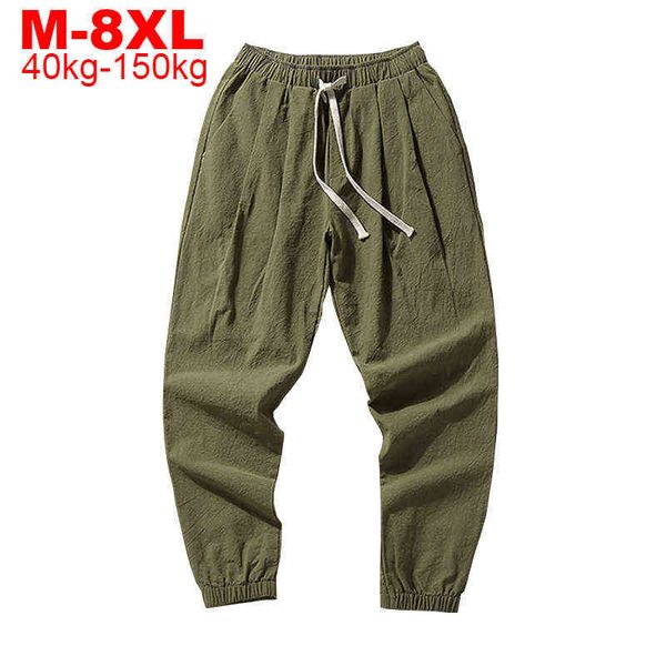 

large size 7xl 8xl cotton linen harem pants men stretch casual trousers man big size ankle tie pencil pants male black fashion w220214