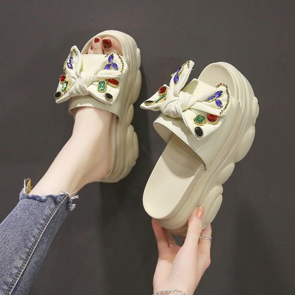 

slippers high-heeled shoes lady on a wedge increased internal woman's platform slides butterfly-knot 2021 soft flat butterfly-kn, Black