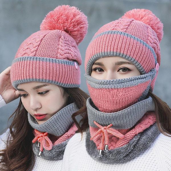 

berets windproof beanies hat women warm knit hats scarf sets female winter padded mask neck protector 3 pc set cycling wool caps, Blue;gray