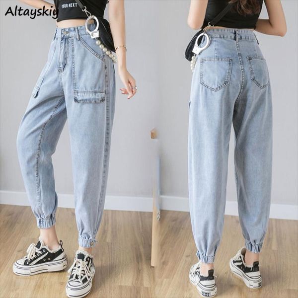 

women's jeans harem women solid big pockets vintage boyfriend denim loose ulzzang stylish soft students daily females designer, Blue