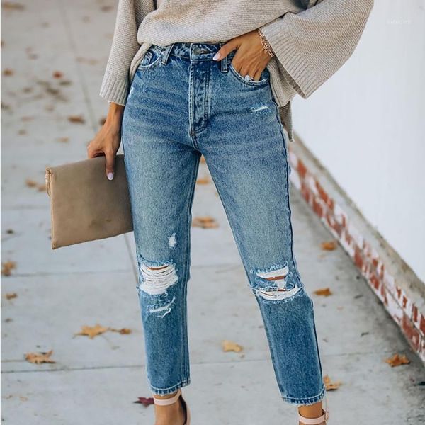 

women's jeans women high waist denim pants retro casual fashion irregular ripped ankle for ladies slim straight-leg holes trouser mujer, Blue