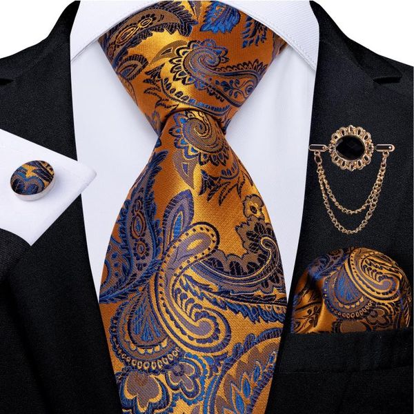 

bow ties orange blue brown 8cm paisley for men silk tie with brooch chain wedding party men's neck set hanky cufflinks dibangu, Black;gray