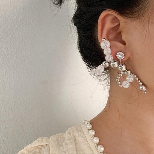 

dangle & chandelier vsnow unique design metallic ball beaded bowknot earring for women french rhinestone asymmetry jewelry pendientes, Silver