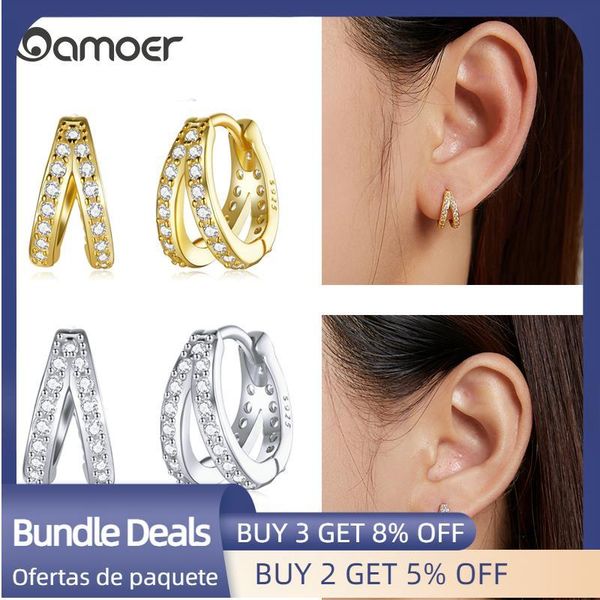 

hoop & huggie bamoer spanish 925 sterling silver modern stylish zircon crystal double rings ear buckle earrings for women wedding sce1187, Golden;silver