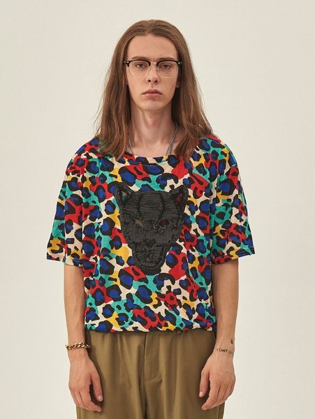 

extended sizes men patched detail leopard tee y1q9#, White;black